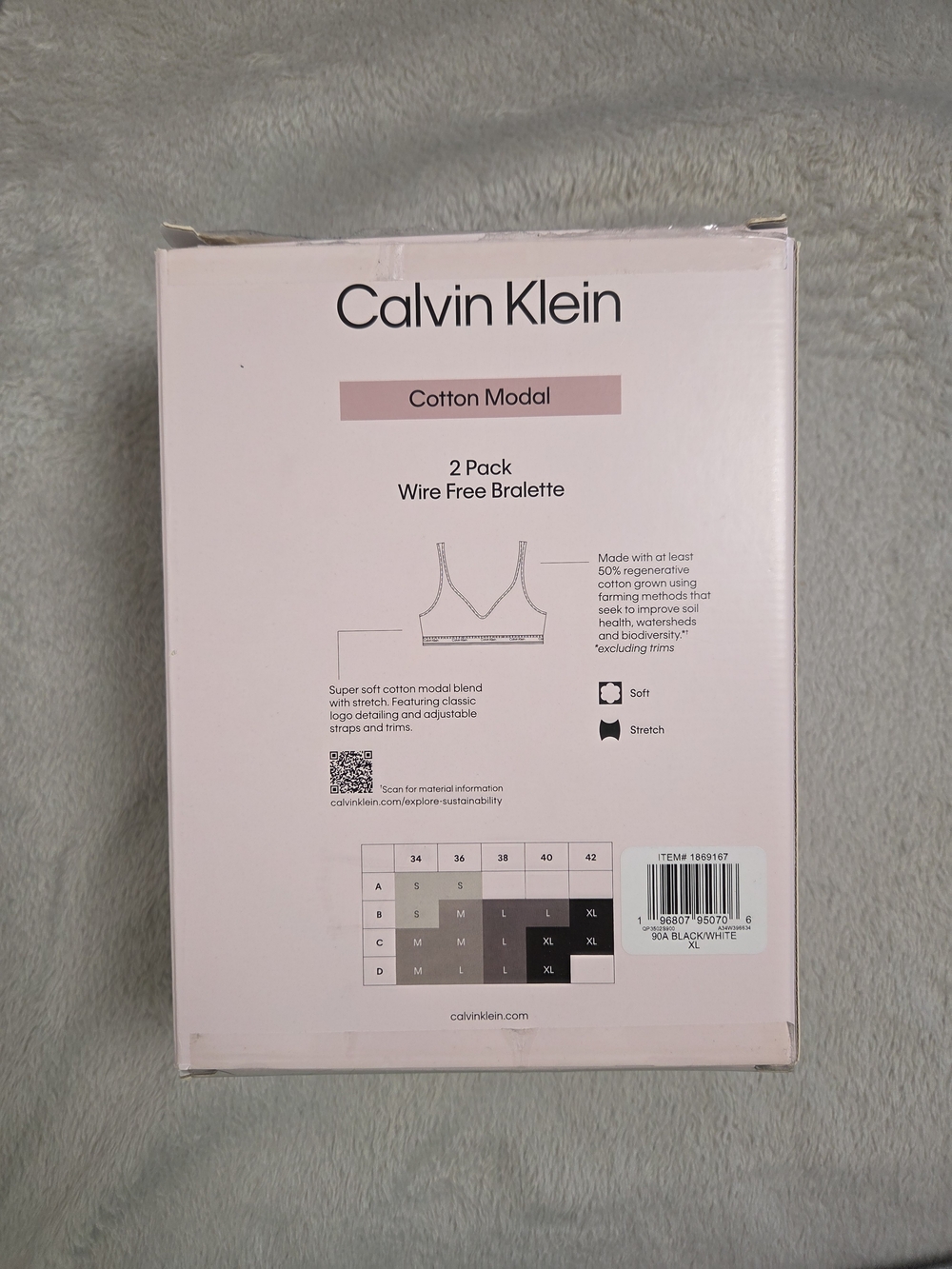 Calvin Klein Cotton Modal 2-Pack Wire-Free Bralettes — Black & White Size XL NWT - Picture 2 of 5